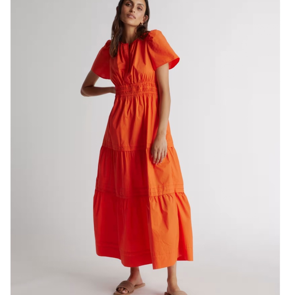 Quince Organic Poplin Tiered Maxi Dress- Vermilion Red
